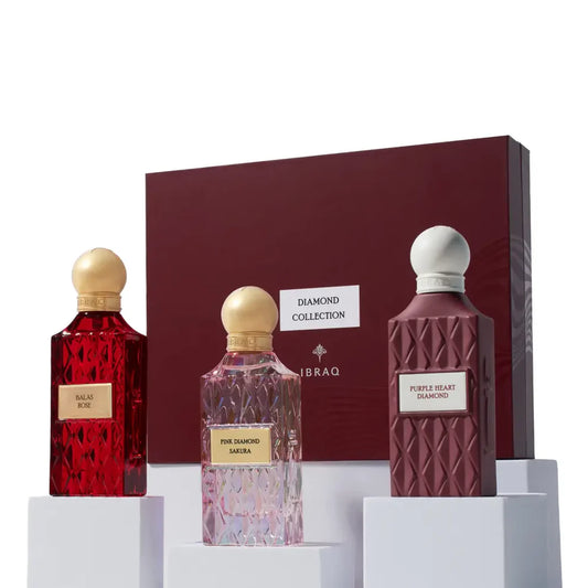 Maroon Diamond Set by Ibrahim Al Qurashi featuring Pink Diamond Sakura, Purple Heart Diamond, and Palas Rose in a luxury 3 × 75ml perfume gift set.