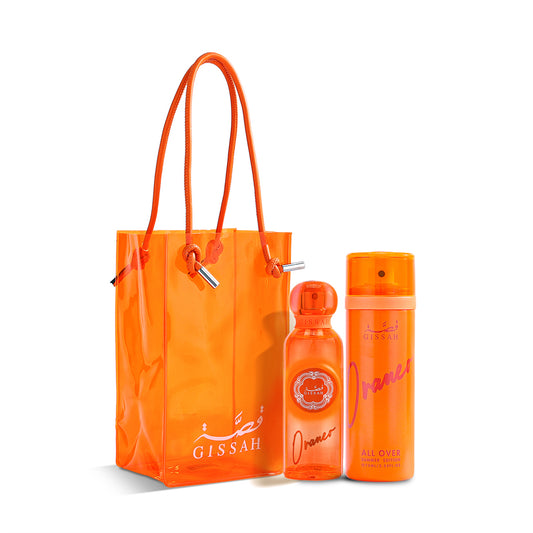 Oraneo Summer Edition Gift Set by Gissah featuring a 75ml Eau de Parfum, 75ml All Over Spray, and an orange gift bag with a fruity floral fragrance.