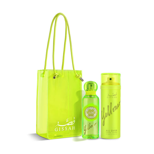 Yelloneo Summer Edition Gift Set by Gissah featuring a 75ml Eau de Parfum, 75ml All Over Spray, and a yellow gift bag with a powdery gourmand fragrance.