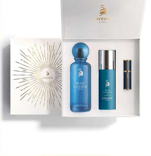 Blue Laverne 7:00 AM Gift Set by Laverne for Men featuring a 200ml Eau de Parfum, 100ml Body Spray, and Refill.