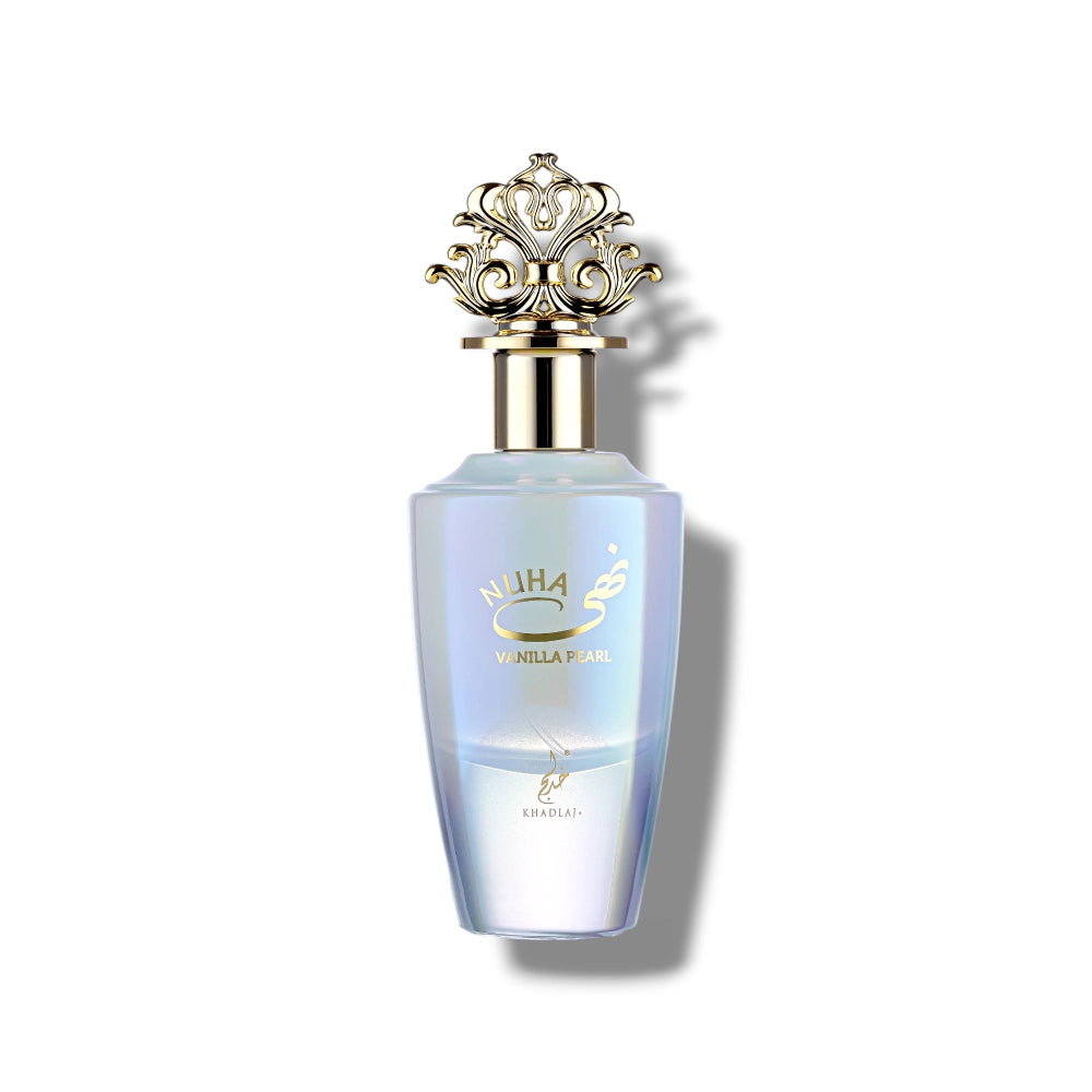 Nuha Vanilla Pearl by Khadlaj Eau de Parfum 100ml women's floral fruity gourmand fragrance with blackcurrant, strawberry, vanilla, caramel, and cashmere wood.