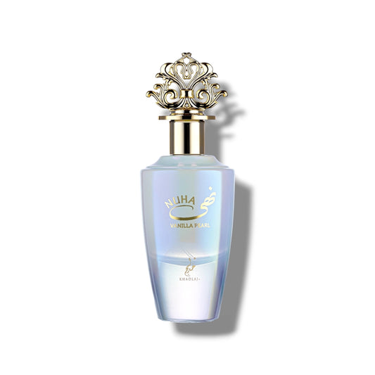 Nuha Vanilla Pearl by Khadlaj Eau de Parfum 100ml women's floral fruity gourmand fragrance with blackcurrant, strawberry, vanilla, caramel, and cashmere wood.
