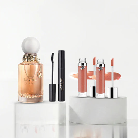 Loyard Beauty Set by Laverne featuring Loyard Eau de Parfum 125ml, two Saudi Lady 07 Lip Glosses, and Iconic Mascara for women.