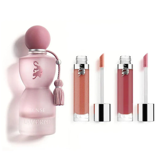 Sense Beauty Set by Laverne for Women including Sense Eau de Parfum 75ml, Saudi Lady Lip Gloss, and Remember Me Lip Gloss.